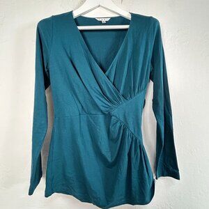 CAbi Womens Teal Blue Diamond Faux Wrap Surplice Blouse Top Large Stretch Casual